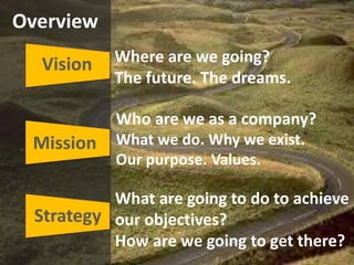 Overview
Where are we going?
The future. The dreams.
Who are we as a company?
What we do. Why we exist.
Our purpose. Values.
What are going to do to achieve
our objectives?
How are we going to get there?
Vision
Mission
Strategy
 