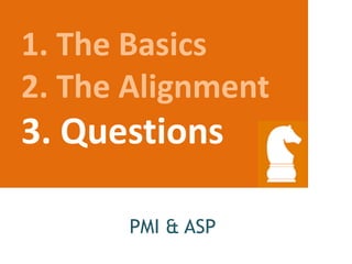 1. The Basics
2. The Alignment
3. Questions
PMI & ASP
 