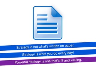 A powerful strategy is one that’s live and kicking.
Strategy is not what’s written on paper.
Strategy is what you do every day!
 