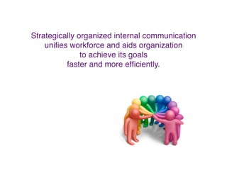 Strategically organized internal communication
uniﬁes workforce and aids organization
to achieve its goals
faster and more efﬁciently.
 