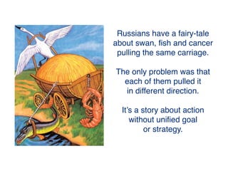 Russians have a fairy-tale
about swan, ﬁsh and cancer
pulling the same carriage.
The only problem was that
each of them pulled it
in different direction.
It’s a story about action
without a uniﬁed goal
or strategy.
 