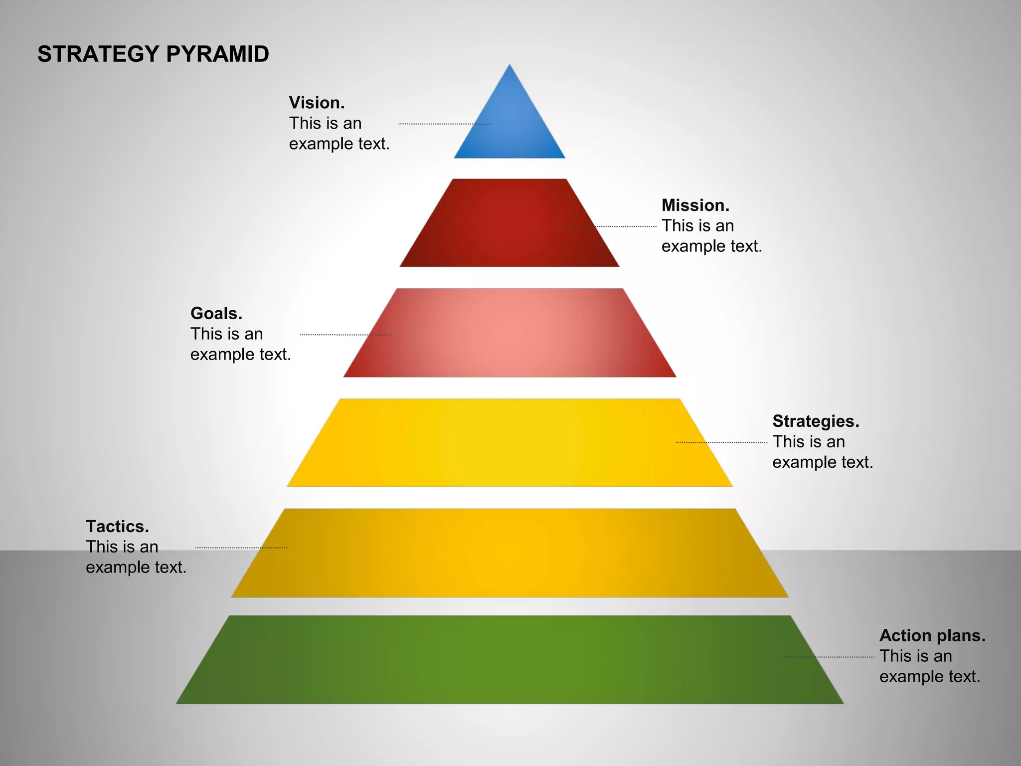 ё
STRATEGY PYRAMID
Goals.
This is an
example text.
Tactics.
This is an
example text.
Vision.
This is an
example text.
Mission.
This is an
example text.
Strategies.
This is an
example text.
Action plans.
This is an
example text.
 