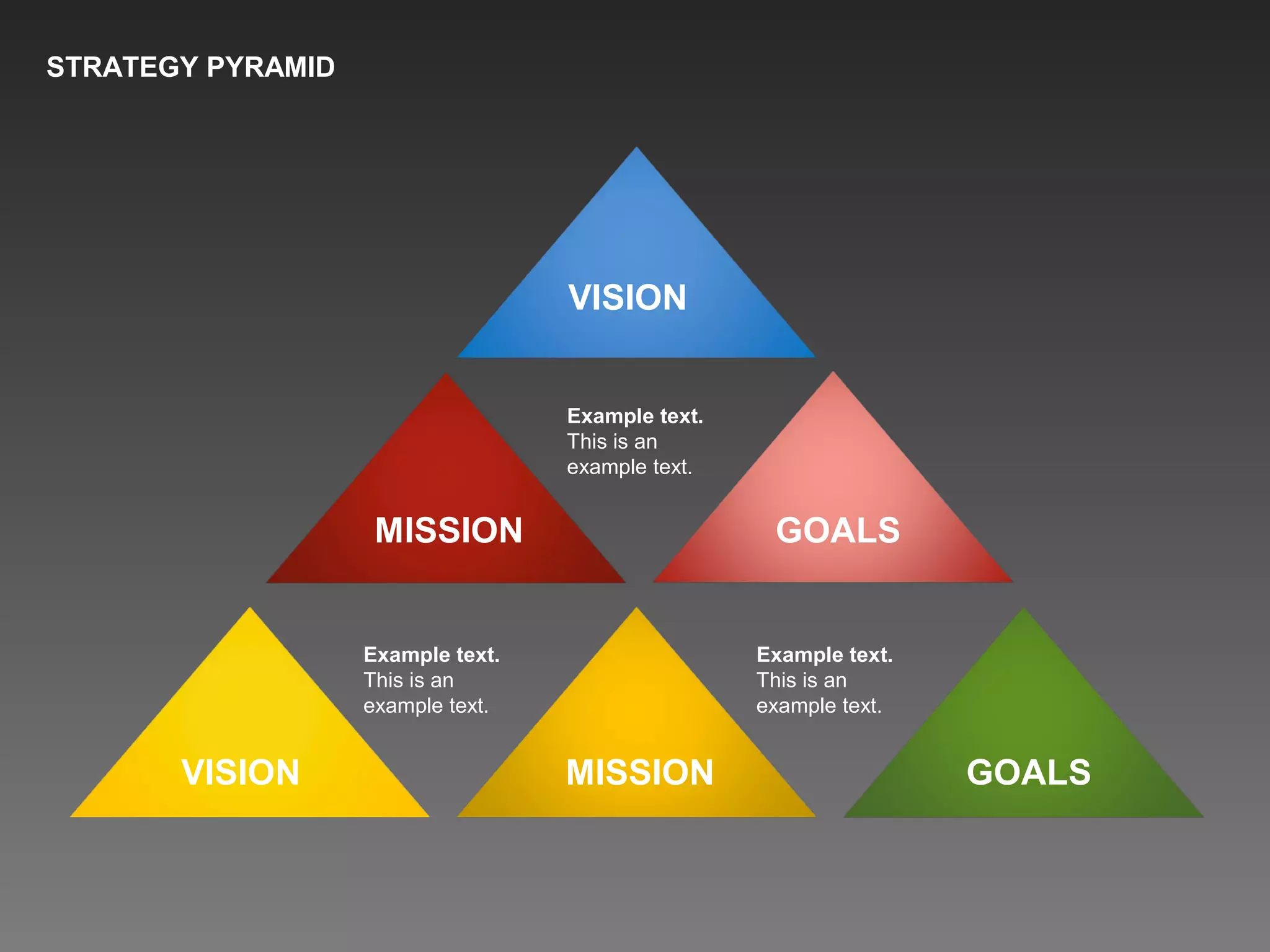 STRATEGY PYRAMID
VISION MISSION GOALS
VISION
MISSION GOALS
Example text.
This is an
example text.
Example text.
This is an
example text.
Example text.
This is an
example text.
 