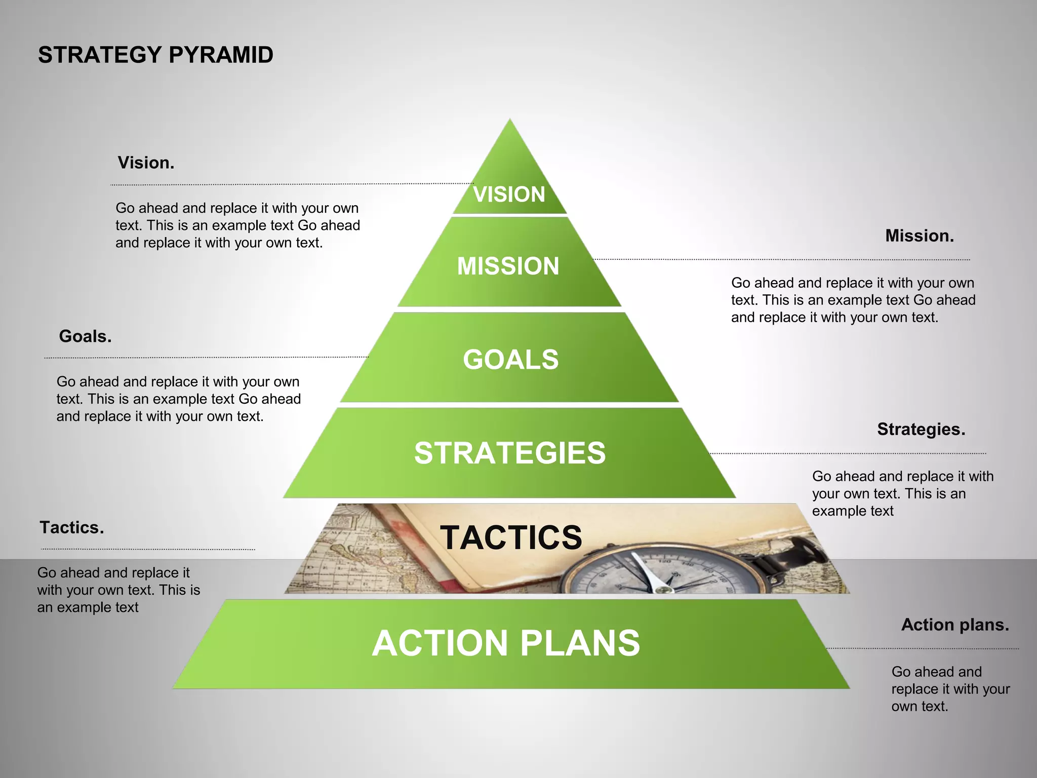 ё
STRATEGY PYRAMID
Mission.
Vision.
Go ahead and replace it with your own
text. This is an example text Go ahead
and replace it with your own text.
Goals.
Go ahead and replace it with your own
text. This is an example text Go ahead
and replace it with your own text.
Tactics.
Go ahead and replace it
with your own text. This is
an example text
Go ahead and replace it with your own
text. This is an example text Go ahead
and replace it with your own text.
Strategies.
Go ahead and replace it with
your own text. This is an
example text
Action plans.
Go ahead and
replace it with your
own text.
ACTION PLANS
TACTICS
STRATEGIES
GOALS
MISSION
VISION
 