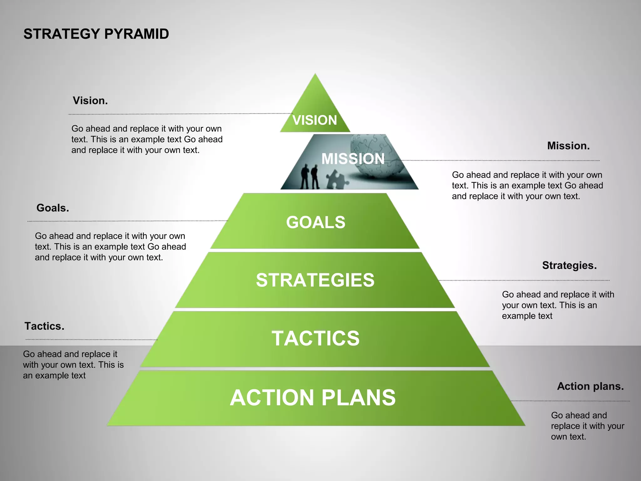 ё
STRATEGY PYRAMID
Mission.
Vision.
Go ahead and replace it with your own
text. This is an example text Go ahead
and replace it with your own text.
Goals.
Go ahead and replace it with your own
text. This is an example text Go ahead
and replace it with your own text.
Tactics.
Go ahead and replace it
with your own text. This is
an example text
Go ahead and replace it with your own
text. This is an example text Go ahead
and replace it with your own text.
Strategies.
Go ahead and replace it with
your own text. This is an
example text
Action plans.
Go ahead and
replace it with your
own text.
ACTION PLANS
TACTICS
STRATEGIES
GOALS
MISSION
VISION
 