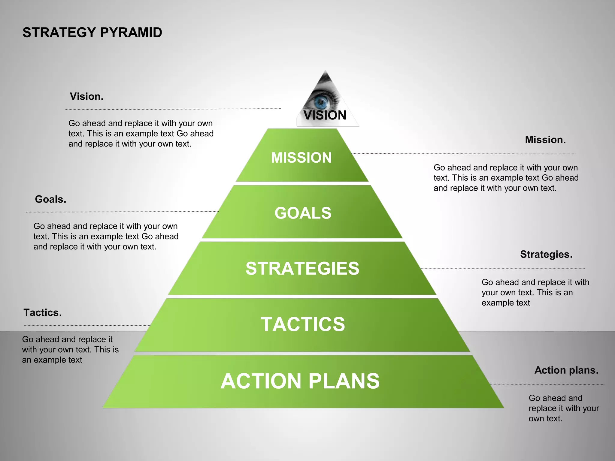 ё
STRATEGY PYRAMID
Mission.
Vision.
Go ahead and replace it with your own
text. This is an example text Go ahead
and replace it with your own text.
Goals.
Go ahead and replace it with your own
text. This is an example text Go ahead
and replace it with your own text.
Tactics.
Go ahead and replace it
with your own text. This is
an example text
Go ahead and replace it with your own
text. This is an example text Go ahead
and replace it with your own text.
Strategies.
Go ahead and replace it with
your own text. This is an
example text
Action plans.
Go ahead and
replace it with your
own text.
ACTION PLANS
TACTICS
STRATEGIES
GOALS
MISSION
VISION
 