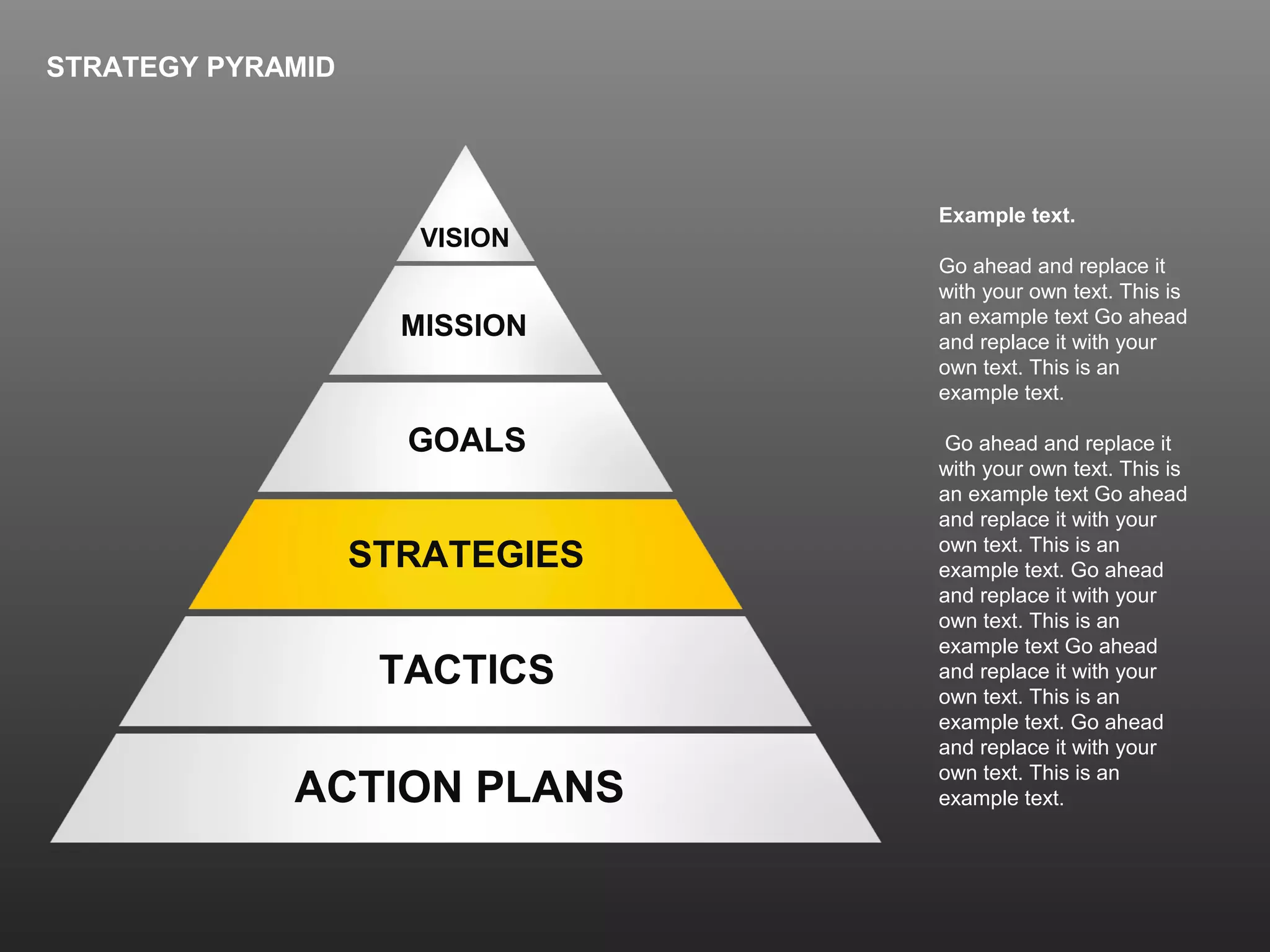 STRATEGY PYRAMID
Example text.
Go ahead and replace it
with your own text. This is
an example text Go ahead
and replace it with your
own text. This is an
example text.
Go ahead and replace it
with your own text. This is
an example text Go ahead
and replace it with your
own text. This is an
example text. Go ahead
and replace it with your
own text. This is an
example text Go ahead
and replace it with your
own text. This is an
example text. Go ahead
and replace it with your
own text. This is an
example text.ACTION PLANS
TACTICS
STRATEGIES
GOALS
MISSION
VISION
 