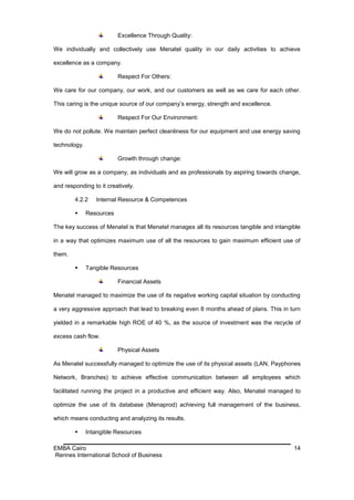 Excellence Through Quality:

We individually and collectively use Menatel quality in our daily activities to achieve

excellence as a company.

                          Respect For Others:

We care for our company, our work, and our customers as well as we care for each other.

This caring is the unique source of our company’s energy, strength and excellence.

                          Respect For Our Environment:

We do not pollute. We maintain perfect cleanliness for our equipment and use energy saving

technology.

                          Growth through change:

We will grow as a company, as individuals and as professionals by aspiring towards change,

and responding to it creatively.

        4.2.2    Internal Resource & Competences

             Resources

The key success of Menatel is that Menatel manages all its resources tangible and intangible

in a way that optimizes maximum use of all the resources to gain maximum efficient use of

them.

             Tangible Resources

                          Financial Assets

Menatel managed to maximize the use of its negative working capital situation by conducting

a very aggressive approach that lead to breaking even 8 months ahead of plans. This in turn

yielded in a remarkable high ROE of 40 %, as the source of investment was the recycle of

excess cash flow.

                          Physical Assets

As Menatel successfully managed to optimize the use of its physical assets (LAN, Payphones

Network, Branches) to achieve effective communication between all employees which

facilitated running the project in a productive and efficient way. Also, Menatel managed to

optimize the use of its database (Menaprod) achieving full management of the business,

which means conducting and analyzing its results.

             Intangible Resources

EMBA Cairo                                                                               14
Rennes International School of Business
 