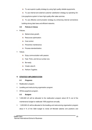To use superior quality strategy by using high quality reliable equipments.

                 To use internal and external customer satisfaction strategy by operating On-

          Line payphone system to have high quality after sales services.

                 To use effective communication strategy by enhancing internal connections

          building strong data base and efficient networks.

       5-6       Policies & Values

      Policies.

                 Market share growth.

                 Resources optimization.

                 Cost control.

                 Preventive maintenance.

                 Process standardization.

      Values.

                 Enjoy communication with passion.

                 Feel, Think, and Act as number one.

                 Be ready

                 Create value $.

                 Perform Together.



   6- STRATEGY IMPLEMENTATION

       6-1       Programs

      Reallocation program.

      Levelling and restructuring organisation program.

      Off-line payphone program.

       6-2       Budgets

      1,000,000 LE will be allocated to the reallocation program about 20 % out of the

       maintenance budget to reallocate 1000 payphone annually.

       1,200,000 LE will be allocated to the levelling and restructuring organisation program

       about 4 % of the G&A budget to revise all Menatel salaries and positions and




EMBA Cairo                                                                                     25
Rennes International School of Business
 