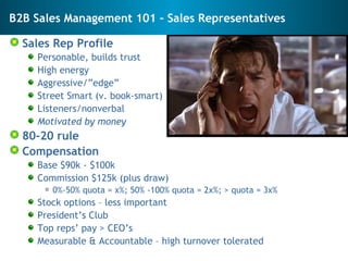 B2B Sales Management 101 – Sales Representatives <ul><li>Sales Rep Profile </li></ul><ul><ul><li>Personable, builds trust ...