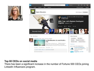 Top 60 CEOs on social media
There has been a significant increase in the number of Fortune 500 CEOs joining
LinkedIn Influencers program.
 