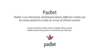 Padlet
Padlet is an interactive whiteboard where different media can
be easily posted to create an array of shared content
In Zoom chat there will be a link to a Padlet. Please use this
Padlet to enter any questions or comments you may have.
 