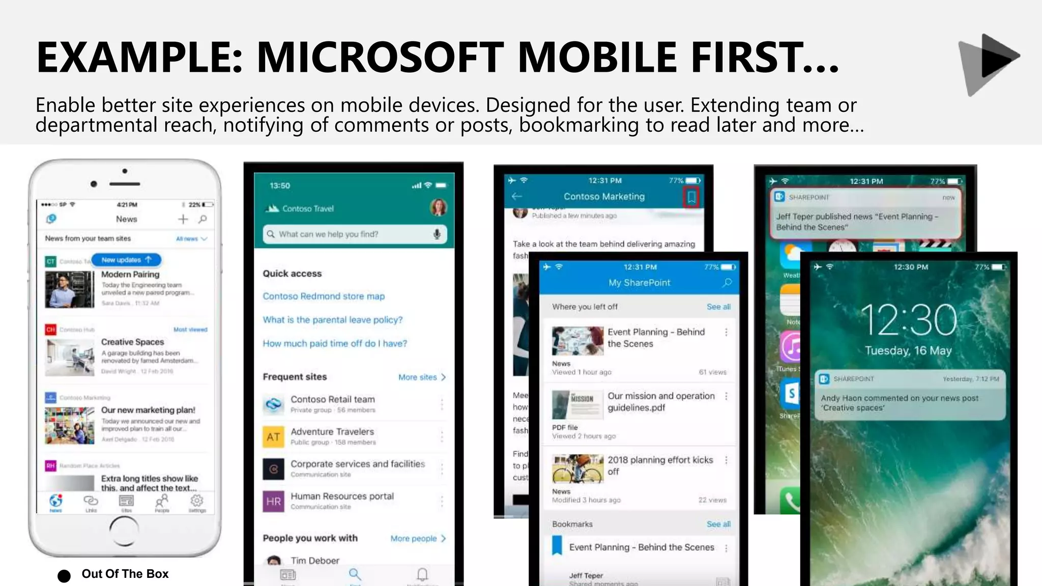 EXAMPLE: MICROSOFT MOBILE FIRST…
Enable better site experiences on mobile devices. Designed for the user. Extending team or
departmental reach, notifying of comments or posts, bookmarking to read later and more…
Out Of The Box
●
 