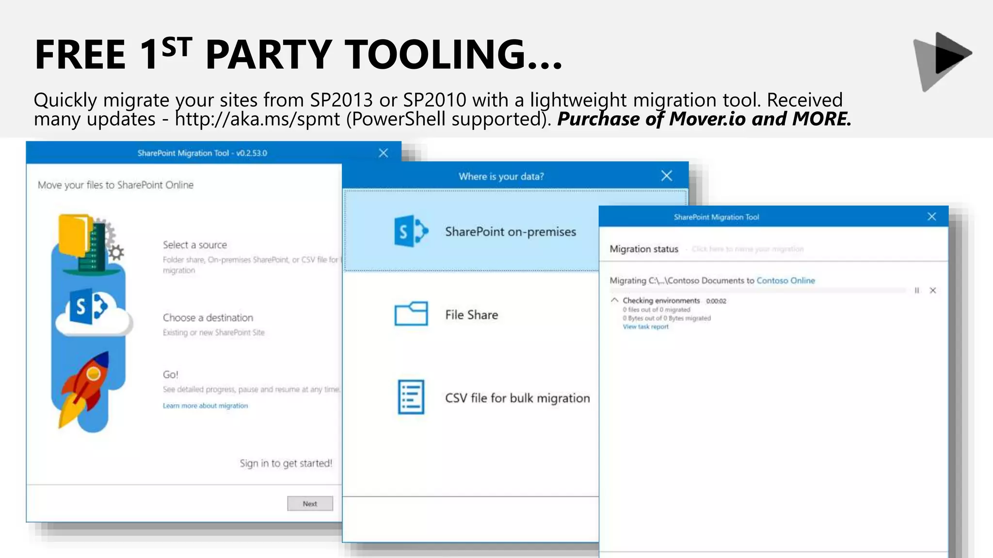 FREE 1ST PARTY TOOLING…
Quickly migrate your sites from SP2013 or SP2010 with a lightweight migration tool. Received
many updates - http://aka.ms/spmt (PowerShell supported). Purchase of Mover.io and MORE.
 