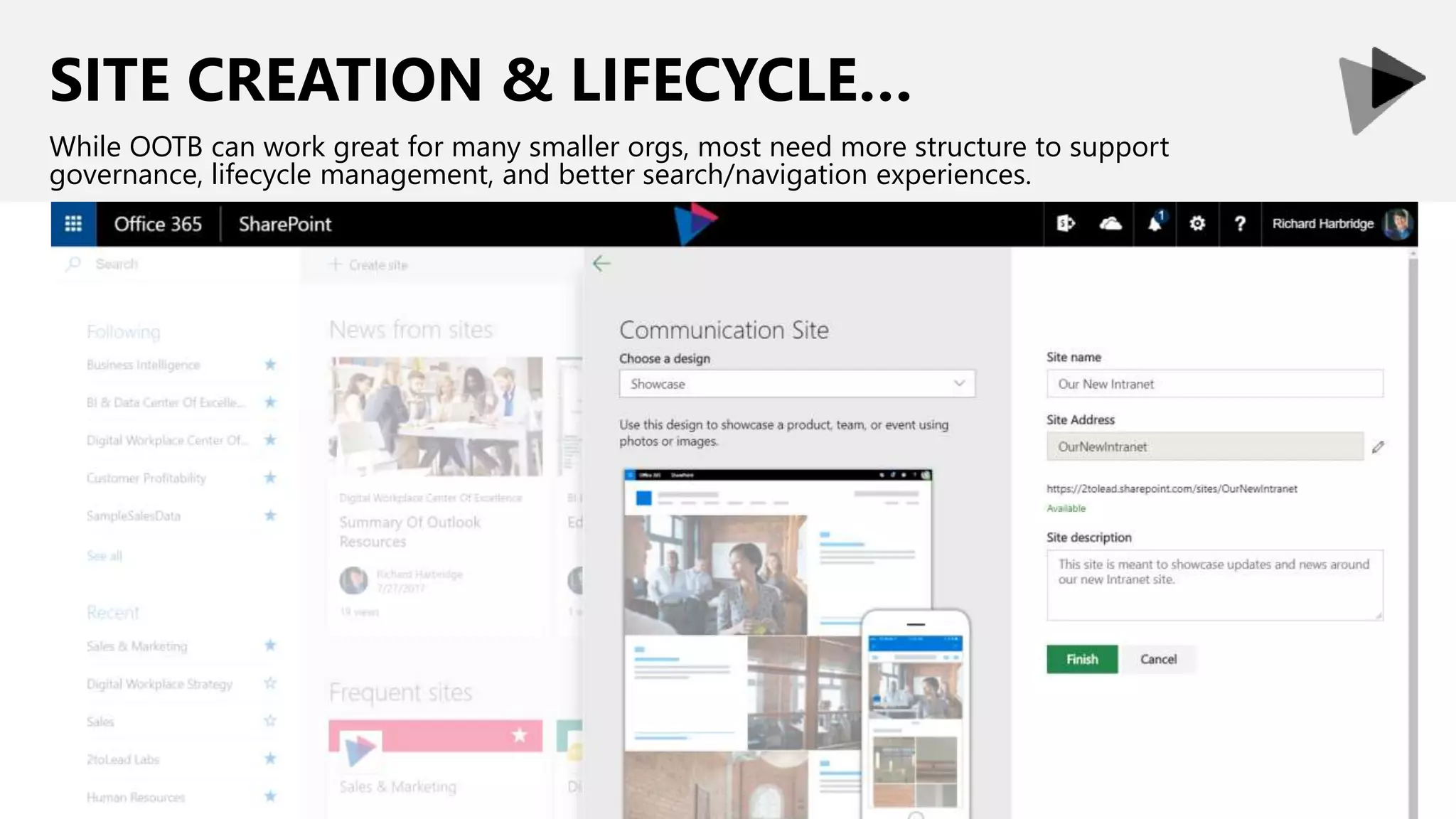 SITE CREATION & LIFECYCLE…
While OOTB can work great for many smaller orgs, most need more structure to support
governance, lifecycle management, and better search/navigation experiences.
 