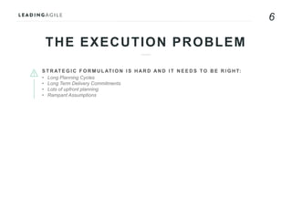 6
THE EXECUTION PROBLEM
S T R AT E G I C F O R M U L AT I O N I S H AR D AN D I T N E E D S TO B E R I G H T:
• Long Planning Cycles
• Long Term Delivery Commitments
• Lots of upfront planning
• Rampant Assumptions
 
