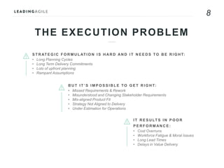 8
THE EXECUTION PROBLEM
S T R AT E G I C F O R M U L AT I O N I S H AR D AN D I T N E E D S TO B E R I G H T:
• Long Planning Cycles
• Long Term Delivery Commitments
• Lots of upfront planning
• Rampant Assumptions
B U T I T ’ S I M P O S S I B L E TO G E T R I G H T:
• Missed Requirements & Rework
• Misunderstood and Changing Stakeholder Requirements
• Mis-aligned Product Fit
• Strategy Not Aligned to Delivery
• Under Estimation for Operations
I T R E S U LT S I N P O O R
P E R F O R M AN C E :
• Cost Overruns
• Workforce Fatigue & Moral Issues
• Long Lead Times
• Delays in Value Delivery
 
