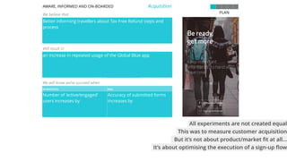evolved version of hypothesis template
30
AWARE, INFORMED AND ON-BOARDED
We believe that
Better informing travellers about Tax Free Refund steps and
process
!
Will result in
an increase in repeated usage of the Global Blue app
We will know we’ve succeed when
IN PROTOTYPE REAL
Number of ‘active/engaged’
users increases by
Accuracy of submitted forms
increases by
PLAN
Acquisition
6% 30%
This was to measure customer acquisition
All experiments are not created equal
But it’s not about product/market ﬁt at all…
It’s about optimising the execution of a sign-up ﬂow
 