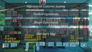 Aspirational Customer Journey
Product Hypotheses
Design Experiments
User Story Map
 