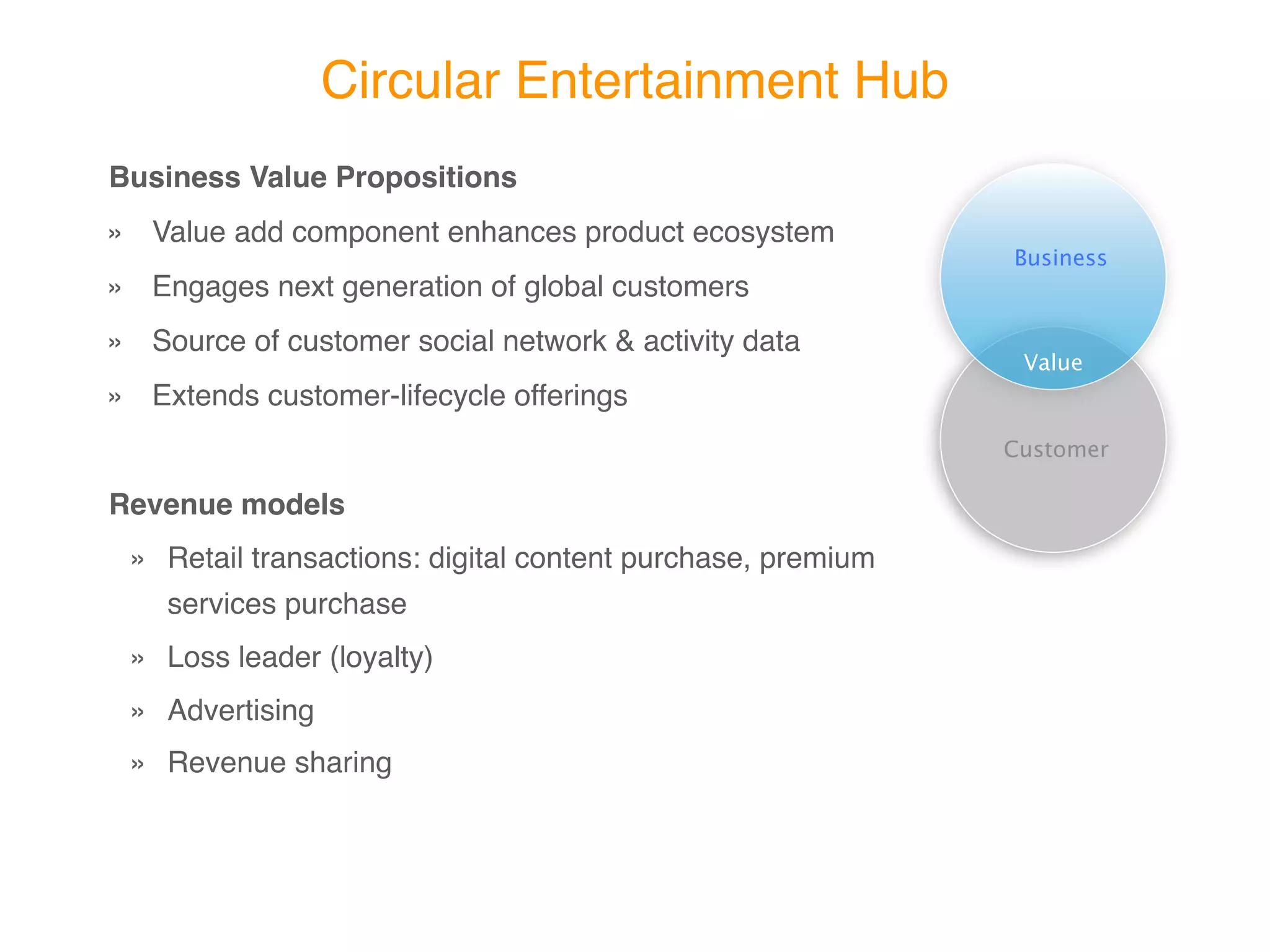 Circular Entertainment Hub
Business Value Propositions
» Value add component enhances product ecosystem
                                                             Business
» Engages next generation of global customers
» Source of customer social network & activity data           Value

» Extends customer-lifecycle offerings
                                                             Customer


Revenue models
  » Retail transactions: digital content purchase, premium
    services purchase
  » Loss leader (loyalty)
  » Advertising
  » Revenue sharing
 