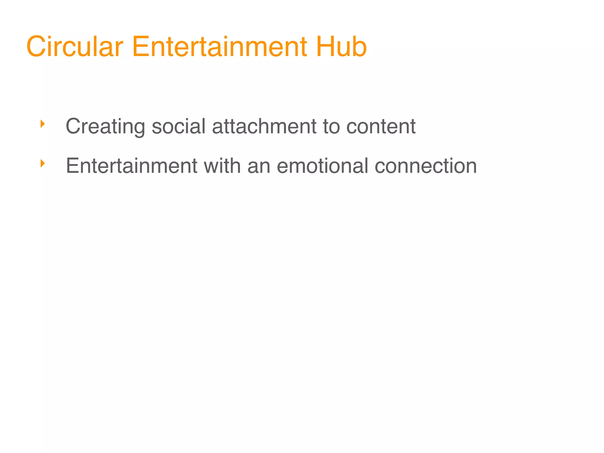 Circular Entertainment Hub

‣   Creating social attachment to content
‣   Entertainment with an emotional connection
 