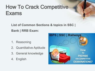 How To Crack Competitive
Exams
List of Common Sections & topics in SSC |
Bank | RRB Exam:
1. Reasoning
2. Quantitative Aptitude
3. General knowledge
4. English
 
