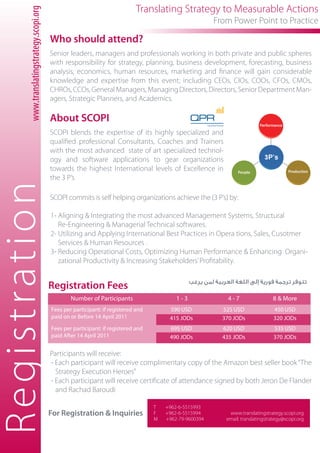 Translating Strategy to Measurable Actions

             www.translatingstrategy.scopi.org
                                                                                                                 From Power Point to Practice

                                                 Who should attend?
                                                 Senior leaders, managers and professionals working in both private and public spheres
                                                 with responsibility for strategy, planning, business development, forecasting, business
                                                 analysis, economics, human resources, marketing and ﬁnance will gain considerable
                                                 knowledge and expertise from this event; including CEOs, CIOs, COOs, CFOs, CMOs,
                                                 CHROs, CCOs, General Managers, Managing Directors, Directors, Senior Department Man-
                                                 agers, Strategic Planners, and Academics.

                                                 About SCOPI                                                                       Performance
                                                 SCOPI blends the expertise of its highly specialized and
                                                 qualiﬁed professional Consultants, Coaches and Trainers
                                                 with the most advanced state of art specialized technol-
                                                 ogy and software applications to gear organizations                                 3P’s
                                                 towards the highest International levels of Excellence in               People                  Production
                                                 the 3 P’s
R e gist r a t i o n


                                                 SCOPI commits is self helping organizations achieve the (3 P’s) by:

                                                 1- Aligning & Integrating the most advanced Management Systems, Structural
                                                    Re-Engineering & Managerial Technical softwares.
                                                 2- Utilizing and Applying International Best Practices in Opera tions, Sales, Cusotmer
                                                    Services & Human Resources .
                                                 3- Reducing Operational Costs, Optimizing Human Performance & Enhancing Organi-
                                                    zational Productivity & Increasing Stakeholders’ Proﬁtability.


                                                 Registration Fees
                                                         Number of Participants                    1-3               4-7                 8 & More
                                                 Fees per participant: if registered and        590 USD            525 USD               450 USD
                                                 paid on or Before 14 April 2011                415 JODs           370 JODs              320 JODs
                                                 Fees per participant: if registered and        695 USD            620 USD               535 USD
                                                 paid After 14 April 2011                       490 JODs           435 JODs              370 JODs

                                                 Participants will receive:
                                                 - Each participant will receive complimentary copy of the Amazon best seller book “The
                                                   Strategy Execution Heroes”
                                                 - Each participant will receive certiﬁcate of attendance signed by both Jeron De Flander
                                                   and Rachad Baroudi

                                                                                           T   +962-6-5515993
                                                 For Registration & Inquiries              F   +962-6-5515994        www.translatingstrategy.scopi.org
                                                                                           M   +962-79-9600394      email: translatingstrategy@scopi.org
 