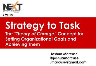 1
Young Professionals In Foreign Policy
Strategy to Task
The “Theory of Change” Concept for
Setting Organizational Goals and
Achieving Them
Joshua Marcuse
@joshuamarcuse
jmarcuse@gmail.com
7.26.13
 