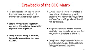 Drawbacks of the BCG Matrix
• No consideration of risk - the firm
does not know the level of risk
involved in each strategic option.
• Model only operates in growth
markets – it is not able to consider
negative rates of growth
• Many markets being in decline,
the model cannot take this into
account.
• Where ‘new’ markets are created &
have a low initial rate of growth,
products will be immediately shown
as Cash Cows or Dogs when this will
not be the case.
• No guidelines exist for the ‘correct’
portfolio - correct balance for one firm
may be very different to another.
• Companies may invest too heavily in
Dogs (waste), hoping that an already
failing position will improve
113
 