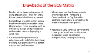 Drawbacks of the BCG Matrix
• Market attractiveness is measured
using growth rates - may not show
future potential within the market.
• Competitive strength cannot simply
be shown by relative market share -
Other factors come into play such as
efficiency, margin and profitability,
with market share only playing a
small role.
• Cash flow is the performance
criterion used - helpful in short-term
but long-run profitability is a better
measure of performance.
• Model assumes that business units
are independent - removing a
Question Mark or Dog from the
portfolio might allow a competitor to
enter or increase their profits.
• Results are very sensitive to variations
- how growth and market share are
measured - open to personal
interpretation, causing inaccuracy
114
 