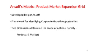 Ansoff's Matrix : Product Market Expansion Grid
• Developed by Igor Ansoff
• Framework for identifying Corporate Growth opportunities
• Two dimensions determine the scope of options, namely :
Products & Markets
12
 