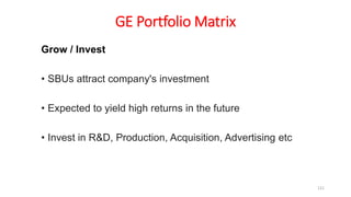 GE Portfolio Matrix
Grow / Invest
• SBUs attract company's investment
• Expected to yield high returns in the future
• Invest in R&D, Production, Acquisition, Advertising etc
121
 