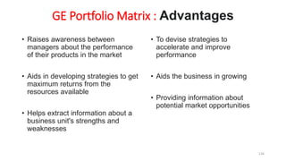 GE Portfolio Matrix : Advantages
• Raises awareness between
managers about the performance
of their products in the market
• Aids in developing strategies to get
maximum returns from the
resources available
• Helps extract information about a
business unit's strengths and
weaknesses
• To devise strategies to
accelerate and improve
performance
• Aids the business in growing
• Providing information about
potential market opportunities
126
 