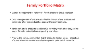 Family Portfolio Matrix
• Overall management of Portfolio - needs cradle-to-grave approach
• Clear management of the process - before launch of the product and
continuing after the product has been withdrawn from sale.
• Reminders of old products can continue for many years after they are no
longer for sale, potentially re-appearing years later
• Prior to the commencement of R & D, products start as ideas - allocation
of some resources to conceptual development prior to full research
134
 