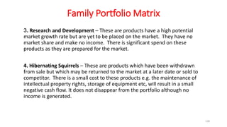 Family Portfolio Matrix
3. Research and Development – These are products have a high potential
market growth rate but are yet to be placed on the market. They have no
market share and make no income. There is significant spend on these
products as they are prepared for the market.
4. Hibernating Squirrels – These are products which have been withdrawn
from sale but which may be returned to the market at a later date or sold to
competitor. There is a small cost to these products e.g. the maintenance of
intellectual property rights, storage of equipment etc, will result in a small
negative cash flow. It does not disappear from the portfolio although no
income is generated.
138
 