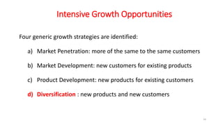 Intensive Growth Opportunities
Four generic growth strategies are identified:
a) Market Penetration: more of the same to the same customers
b) Market Development: new customers for existing products
c) Product Development: new products for existing customers
d) Diversification : new products and new customers
14
 