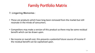 Family Portfolio Matrix
7. Lingering Memories :
• These are products which have long-been removed from the market but still
resonate in the minds of consumers.
• Competitors may make a version of this product so there may be some residual
benefit which can be drawn upon.
• No income or overall cost, this presents a potential future source of income if
the residual benefit can be capitalised upon.
140
 