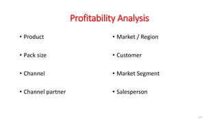 Profitability Analysis
• Product
• Pack size
• Channel
• Channel partner
• Market / Region
• Customer
• Market Segment
• Salesperson
157
 