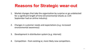 Reasons for Strategic wear-out
1. Market changes that take the organization by surprise or go undetected
for a significant length of time (Environmental shocks as 11th
September had on airline industry)
2. Changes in customer needs and expectations (e.g. increased
environmental awareness)
3. Development in distribution system (e.g. internet)
4. Competition - from existing or, more likely new competitors.
175
 