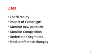Uses
Check reality
Impact of Campaigns
Monitor new products
Monitor Competition
Understand Segments
Track preference changes
189
 