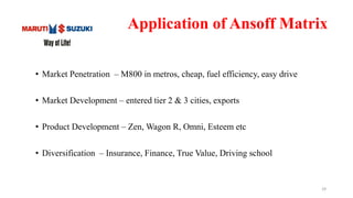 Application of Ansoff Matrix
• Market Penetration – M800 in metros, cheap, fuel efficiency, easy drive
• Market Development – entered tier 2 & 3 cities, exports
• Product Development – Zen, Wagon R, Omni, Esteem etc
• Diversification – Insurance, Finance, True Value, Driving school
29
 