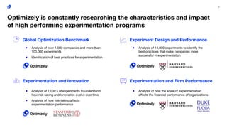 2
Optimizely is constantly researching the characteristics and impact
of high performing experimentation programs
● Analysis of over 1,000 companies and more than
100,000 experiments
● Identification of best practices for experimentation
Global Optimization Benchmark
● Analysis of 14,000 experiments to identify the
best practices that make companies more
successful in experimentation
Experiment Design and Performance
● Analysis of 1,000’s of experiments to understand
how risk-taking and innovation evolve over time
● Analysis of how risk-taking affects
experimentation performance
Experimentation and Innovation Experimentation and Firm Performance
● Analysis of how the scale of experimentation
affects the financial performance of organizations
 