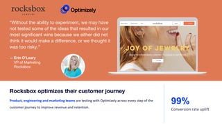 — Erin O’Leary
VP of Marketing
Rocksbox
“Without the ability to experiment, we may have
not tested some of the ideas that resulted in our
most significant wins because we either did not
think it would make a difference, or we thought it
was too risky.”
Product, engineering and marketing teams are testing with Optimizely across every step of the
customer journey to improve revenue and retention.
Rocksbox optimizes their customer journey
99%
Conversion rate uplift
 