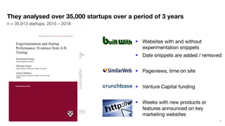 5
They analysed over 35,000 startups over a period of 3 years
Experimentation and startup performance:
Evidence from A/B testingú
Rembrand Koning
Harvard Business School
rem@hbs.edu
Sharique Hasan
Duke Fuqua
sh424@duke.edu
Aaron Chatterji
Duke Fuqua and NBER
ronnie@duke.edu
August 20, 2019
Abstract
Recent work argues that experimentation is the appropriate framework for en-
trepreneurial strategy. We investigate this proposition by exploiting the time-varying
adoption of A/B testing technology, which has drastically reduced the cost of experi-
mentally testing business ideas. This paper provides the ﬁrst evidence of how digital
experimentation a ects the performance of a large sample of high-technology startups
using data that tracks their growth, technology use, and product launches. We ﬁnd
that, despite its prominence in the business press, relatively few ﬁrms have adopted
A/B testing. However, among those that do, we ﬁnd increased performance on sev-
eral critical dimensions, including page views and new product features. Furthermore,
A/B testing is positively related to tail outcomes, with younger ventures failing faster
and older ﬁrms being more likely to scale. Firms with experienced managers also
derive more beneﬁts from A/B testing. Our results inform the emerging literature
on entrepreneurial strategy and how digitization and data-driven decision-making are
shaping strategy.
ú
Authors names are in reverse alphabetical order. All authors contributed equally to this project. We
thank seminar participants at Harvard Business School, the Conference on Digital Experimentation, Duke,
University of Maryland, Binghamton University, University of Minnesota, NYU, and Wharton for their
feedback. We thank the Kau man Foundation for their generous support of this work.
1
Experimentation and Startup
Performance: Evidence from A/B
Testing
Rembrand Koning
Sharique Hasan
Aaron Chatterji
Working Paper 20-018
Working Paper 20-018
Copyright © 2019 by Rembrand Koning, Sharique Hasan, and Aaron Chatterji
Experimentation and Startup
Performance: Evidence from
A/B Testing
Rembrand Koning
Harvard Business School
Sharique Hasan
Fuqua School of Business, Duke University
Aaron Chatterji
Fuqua School of Business, Duke University and
NBER
Experimentation and Startup
Performance: Evidence from A/B
Testing
Rembrand Koning
Sharique Hasan
Aaron Chatterji
Working Paper 20-018
§ Websites with and without
experimentation snippets
§ Date snippets are added / removed
§ Pageviews, time on site
§ Venture Capital funding
§ Weeks with new products or
features announced on key
marketing websites
n = 35,913 startups, 2015 – 2018
 