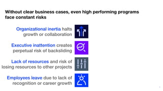 7
Without clear business cases, even high performing programs
face constant risks
Organizational inertia halts
growth or collaboration
Executive inattention creates
perpetual risk of backsliding
Lack of resources and risk of
losing resources to other projects
Employees leave due to lack of
recognition or career growth
 