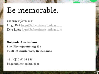 Case DG4GA
   e BBM communication model is embraced by Waag Society
and in use for the Designers & Artists 4 Genes Award.
O cially started the Award as a pilot for a year in which
Waag Society collaborated with the Netherlands Genomics
Initiative to push the recognition of genomic research in the
Netherlands.
By scheduling all contact moments with team members,
associates and press, the Designers & Artists 4 Genes Award got




                                                                  Bohemia Amsterdam | 10-11-2011
more attention than expected. e contest and the winners were
an news item still months a er the award show and the second
Designers & Artists 4 Genes Award has just been awarded.
 