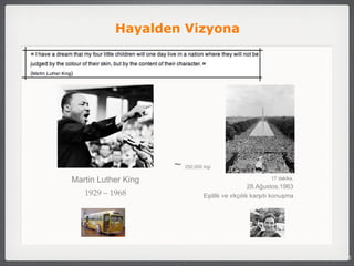 Hayalden Vizyona




                     ~   250,000 kişi

Martin Luther King                                         17 dakika,
                                                    28.Ağustos.1963
   1929 – 1968                   Eşitlik ve ırkçılık karşıtı konuşma




                                                                        3
 