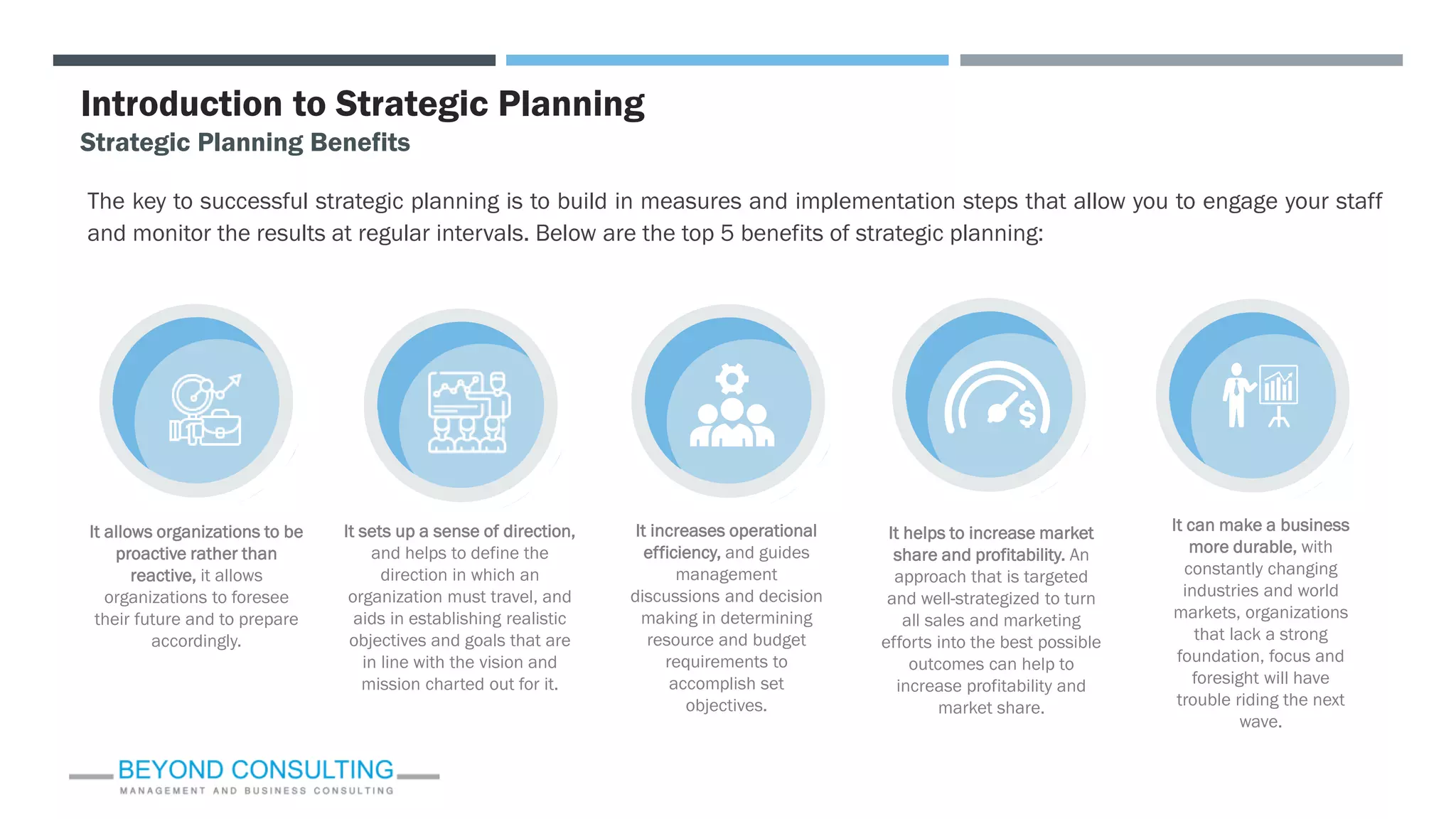 The key to successful strategic planning is to build in measures and implementation steps that allow you to engage your staff
and monitor the results at regular intervals. Below are the top 5 benefits of strategic planning:
Introduction to Strategic Planning
Strategic Planning Benefits
It sets up a sense of direction,
and helps to define the
direction in which an
organization must travel, and
aids in establishing realistic
objectives and goals that are
in line with the vision and
mission charted out for it.
It helps to increase market
share and profitability. An
approach that is targeted
and well-strategized to turn
all sales and marketing
efforts into the best possible
outcomes can help to
increase profitability and
market share.
It increases operational
efficiency, and guides
management
discussions and decision
making in determining
resource and budget
requirements to
accomplish set
objectives.
It can make a business
more durable, with
constantly changing
industries and world
markets, organizations
that lack a strong
foundation, focus and
foresight will have
trouble riding the next
wave.
It allows organizations to be
proactive rather than
reactive, it allows
organizations to foresee
their future and to prepare
accordingly.
 