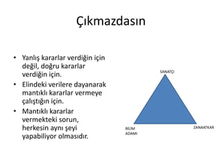 Çıkmazdasın
• Yanlış kararlar verdiğin için
değil, doğru kararlar
verdiğin için.
• Elindeki verilere dayanarak
mantıklı kararlar vermeye
çalıştığın için.
• Mantıklı kararlar
vermekteki sorun,
herkesin aynı şeyi
yapabiliyor olmasıdır.

SANATÇI

BİLİM
ADAMI

ZANAATKAR

 