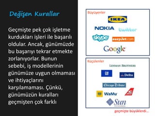 Değişen Kurallar                 Büyüyenler



Geçmişte pek çok işletme
kurdukları işleri ile başarılı
oldular. Ancak, günümüzde
bu başarıyı tekrar etmekte
zorlanıyorlar. Bunun             Küçülenler
sebebi, iş modellerinin
günümüze uygun olmaması
ve ihtiyaçlarını
karşılamaması. Çünkü,
günümüzün kuralları
geçmişten çok farklı
                                              geçmişte büyüklerdi…
 